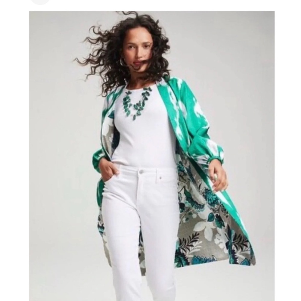 Anthropologie Reversible Kimono Jacket Green Ikat Floral Open Front Duster